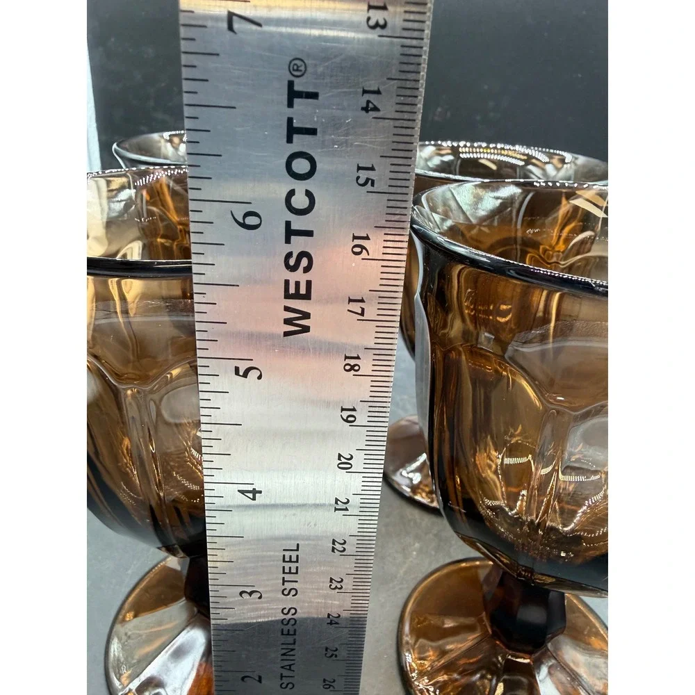 Libbey Cavalcade Amber Brown Glass Goblets Set 4 Vintage Footed Water Wine 5.5